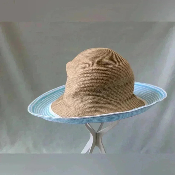 ERIC JAVITS Hampton Sun Hat Squishee Straw Packable Wide Brim Natural Gold Blue - Picture 3 of 12